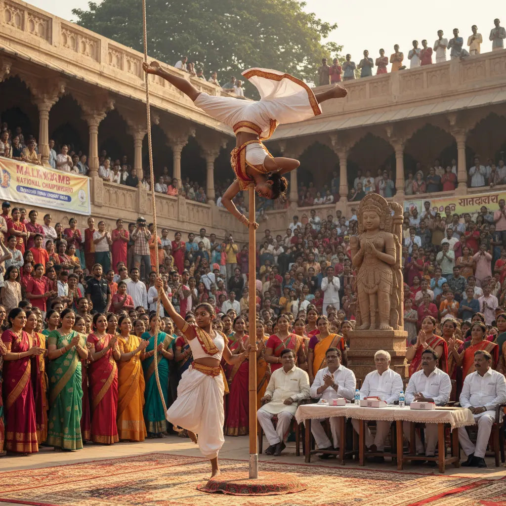 Femmes faisant du Mallakhamb, sport ancestral Indien et origine du pole dance Image