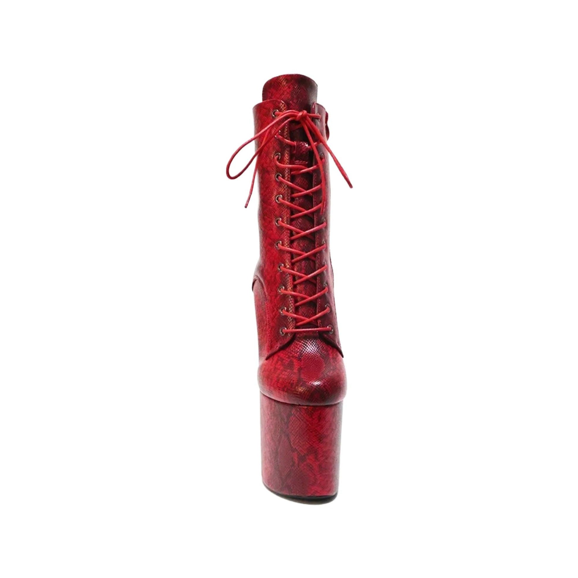 Bottes de Pole Dance avec motifs peau de serpents rouges vues de face