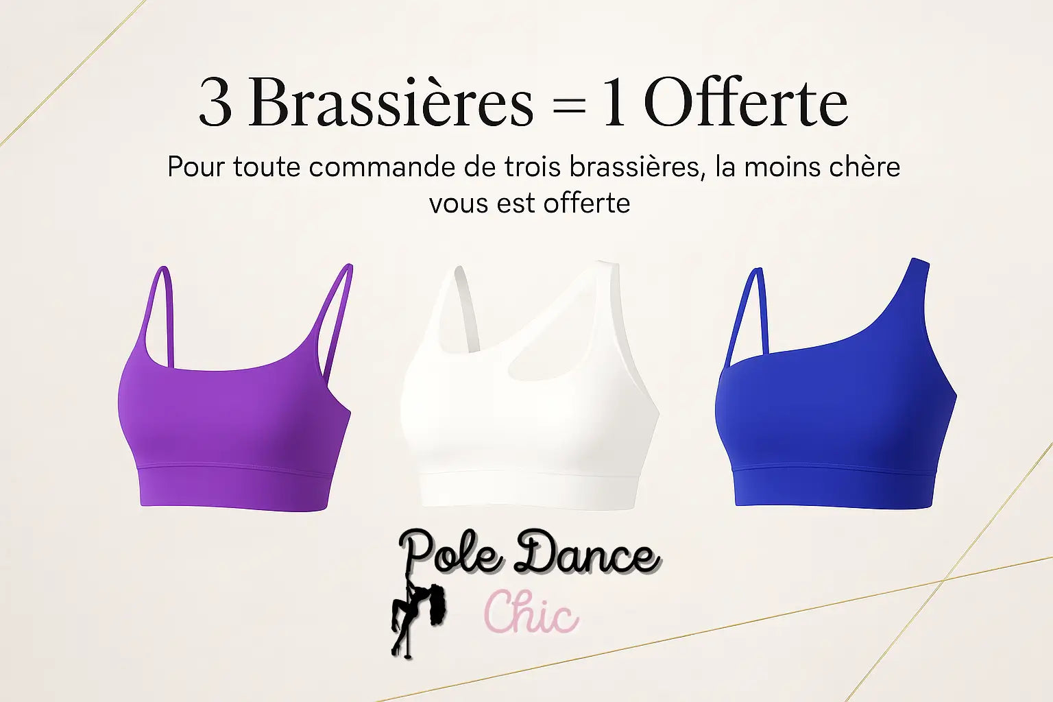 3 brassières de pole dance violette, blanche et bleue