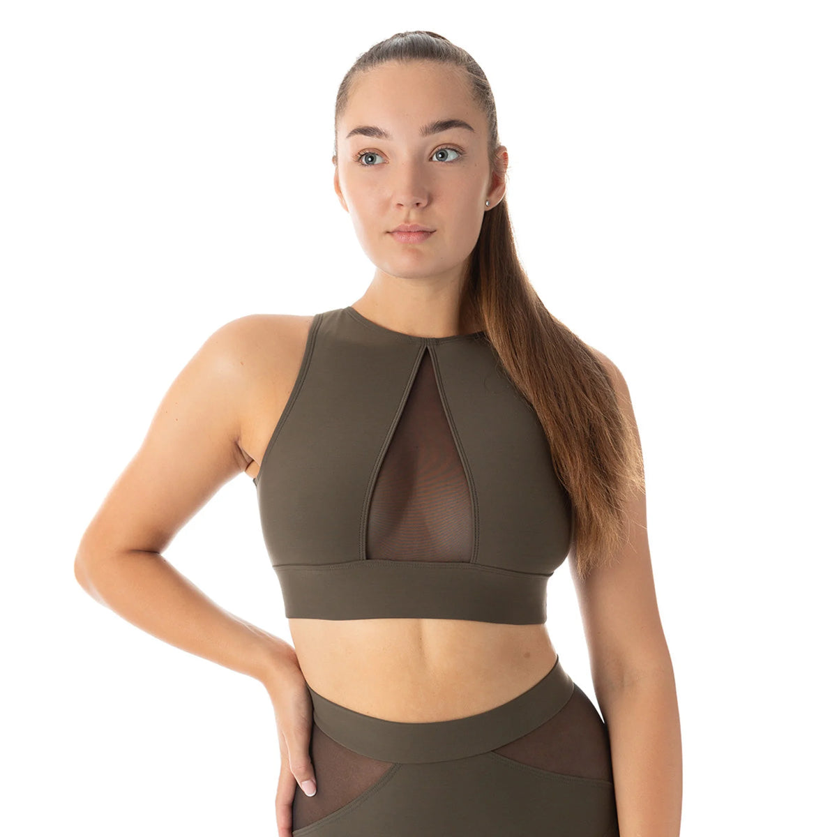 Femme portant une brassière couleur kaki pour la pole dance de marque dragonfly