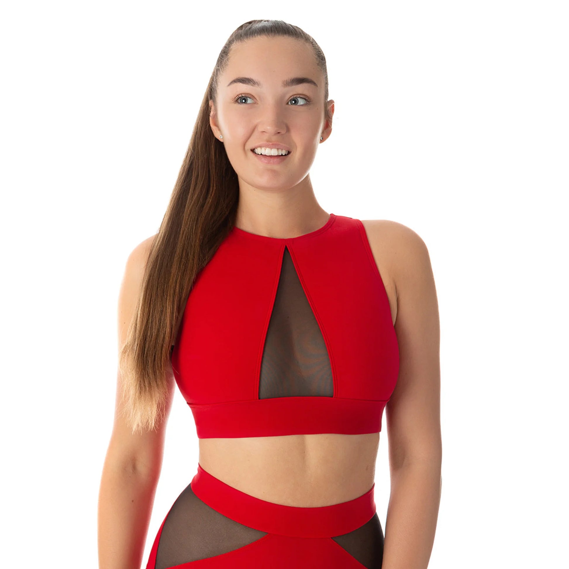 Femme portant une brassière couleur rouge pour la pole dance de marque dragonfly