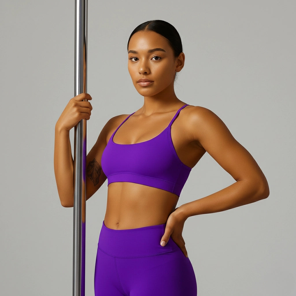 Femme tenant une barre de pole dance et portant une brassière de Pole Dance violette