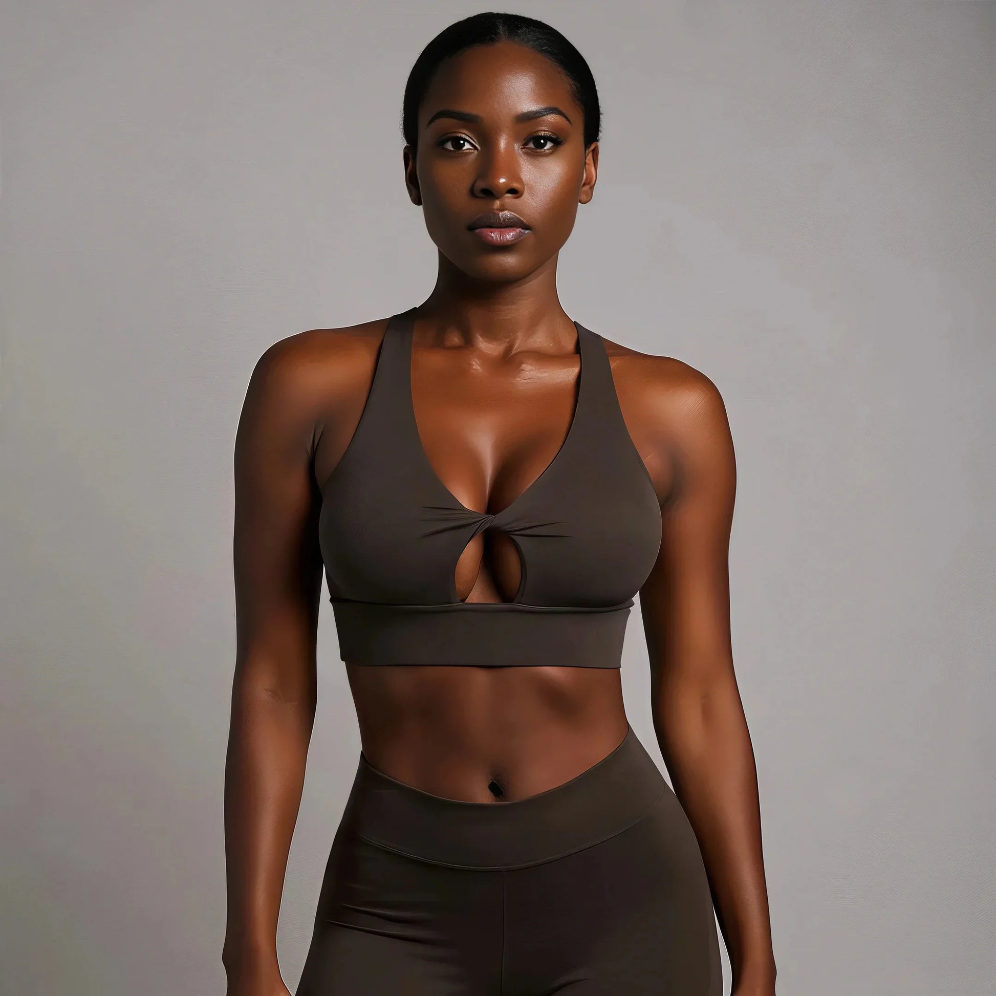 femme portant une brassière de pole dance marron khaki