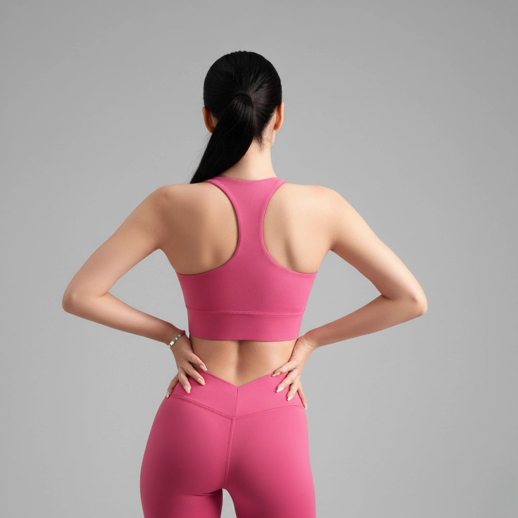 Vue de derrière d'une femme portant une brassière de Pole Dance rose