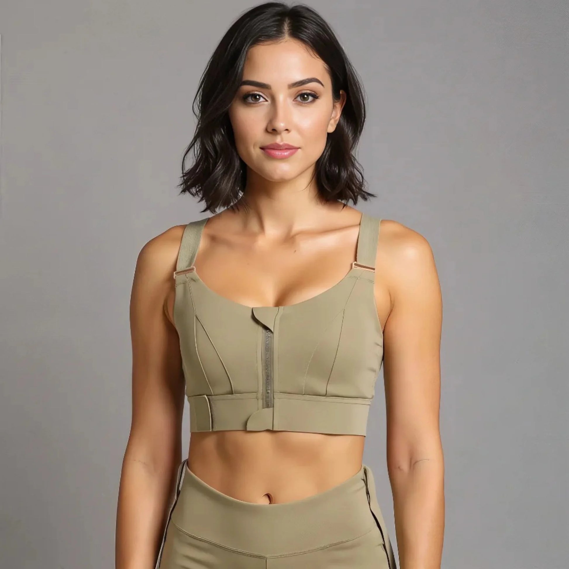 Femme portant une brassière de Pole Dance gris-vert