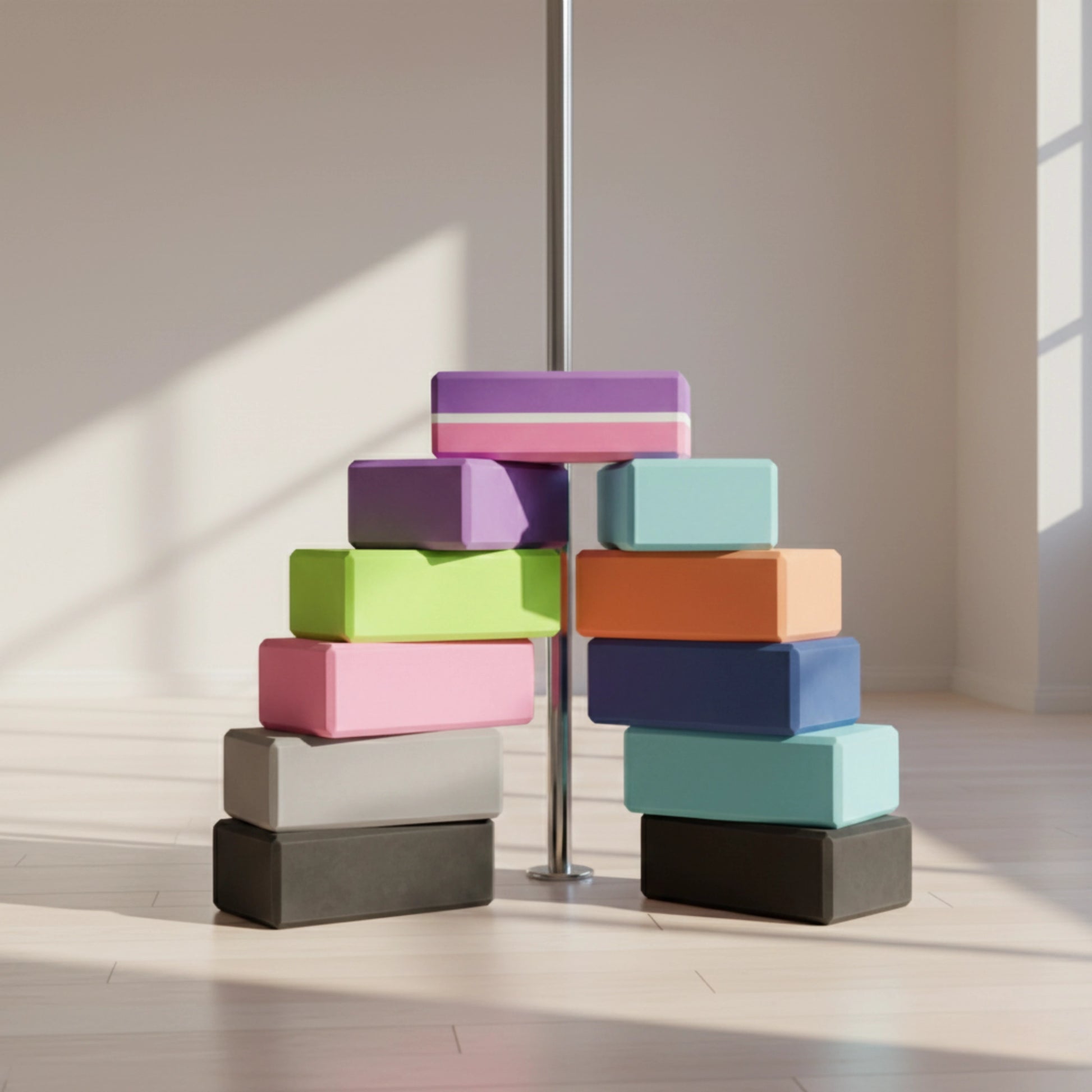 Plusieurs briques/blocs de yoga de couleurs différentes