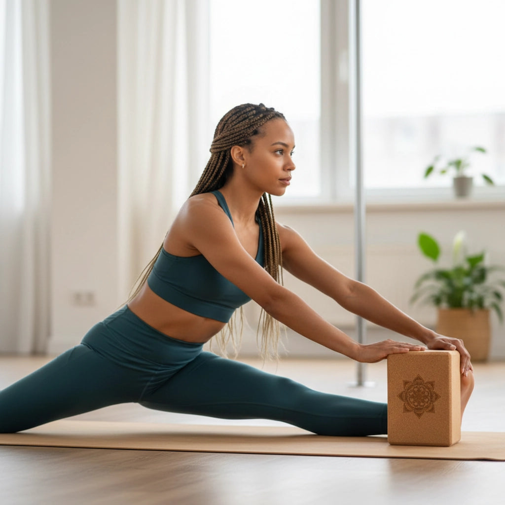Femme faisant du yoga avec une brique de yoga en liège