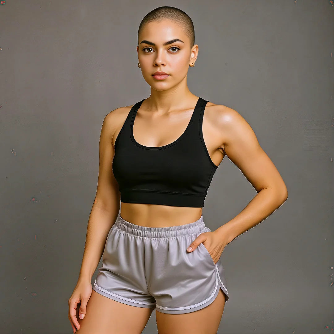Femme portant un short de Pole Dance gris argent et une brassière de sport