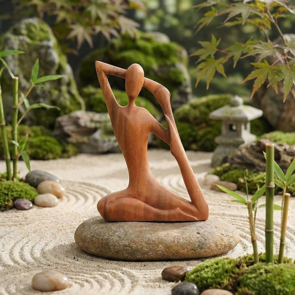Statuette en bois sculptée à la main représentant une femme faisant une position de yoga