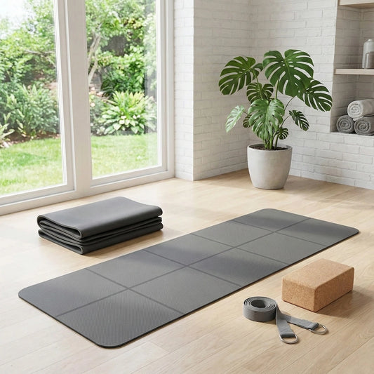 Tapis de yoga antidérapant noir dans un salon et à côté d'une brique de yoga en liège